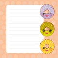 Card design with Kawaii donut, pink pastel colors polka dot lined page notebook, template, blank, planner background. Vector