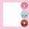 Card design with Kawaii donut, pink purple pastel colors polka dot lined page notebook, template, blank, planner background.