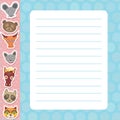 Card design with Kawaii mouse bear bull bat horse raccoon cat, blue pastel colors polka dot lined page notebook, template, blank, Royalty Free Stock Photo