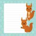 Card design with Kawaii squirrel, blue pastel colors polka dot lined page notebook, template, blank, planner background. Vector