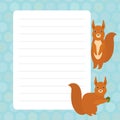 Card design with Kawaii squirrel with blue pastel colors polka dot lined page notebook, template, blank, planner background.