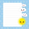 Card design with Kawaii yellow sun, white clouds Smiling with eyes blue pastel colors polka dot lined page notebook, template, Royalty Free Stock Photo