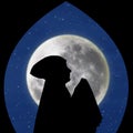 Card design of muslimah pray on blue moon