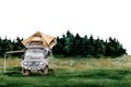 Card design with off road car and roof top tent on forest backdrop. Clip art for camping, touring, exploring, travel, holiday, Royalty Free Stock Photo