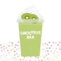 Card design smoothie bar kiwi Take-out smoothie transparent plastic cup with whipped cream. Isolated on white background. Vector