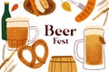 Card design with stylized illustration mugs of beer, pretzel snack and grilled sausage and text Beer festival on white