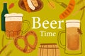 Card design with stylized illustration mugs of beer, pretzel snack and grilled sausage and text Beer time