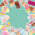 Card design for your text. round frame, cupcakes with cream, ice cream in waffle cones, ice lolly Kawaii with pink cheeks and win