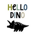 Card with dinozaur and text Hello dino on white background. Royalty Free Stock Photo