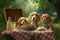 Card for dog friendly picnic with happy puppies Royalty Free Stock Photo