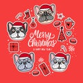 Card Dogs in Merry Christmas hats. Frame with lettering. Vector Illustration holiday design. French bulldog hand drawn stickers