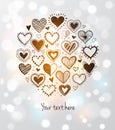 Card with doodle sketch hearts and place for your text on white glowing background