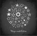 Card with doodle sketch stars in circle on blackboard background