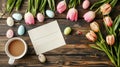 A card, easter eggs and a cup of coffee on wooden table, AI Royalty Free Stock Photo