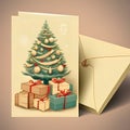 Card and envelope: drawn Christmas tree with baubles, chains and gifts. Christmas card as a symbol of remembrance of the birth of