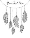 Card with ethnic bird feathers dreamcatcher in boho style. Boho collection black and white colors vector hand drawn,