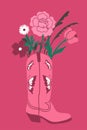Card with flowers in a cowboy boot. Vector graphics Royalty Free Stock Photo
