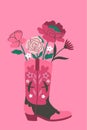 Card with flowers in a cowboy boot. Vector graphics