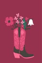 Card with flowers in a cowboy boot. Vector graphics