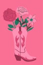 Card with flowers in a cowboy boot. Vector graphics Royalty Free Stock Photo