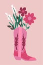 Card with flowers in a cowboy boot. Vector graphics