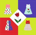 Card with four baby dresses with tulip flowers. Fashion design.