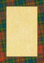 Card frame for diploma, certificate with traditional scottish tartan ornament above marble surface texture