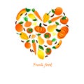 Card with fresh fruits and vegetables. Pumpkin, persimmon and lemon, orange, onion and pepper, pear.