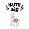 Card with funny lama and text Happy day