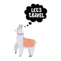 Card with funny lama and text Lets travel Royalty Free Stock Photo