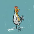 Card with funny white yellow hen on a turquoise background. Royalty Free Stock Photo