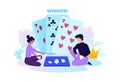 Card game. Cartoon people playing gambling. Winning poker hand. Gamble concept. Man and woman sitting on floor in lazy poses.