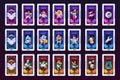 Card game characters. Cartoon deck with fantasy warrior animals, UI decorative frame with funny mascots for RPG sprite