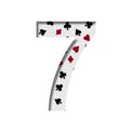 Card games font. Digit seven, 7 cut out of paper on the background of the pattern of card suits spades hearts diamonds and clubs.