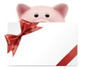 Card gift with piggy bank, red ribbon bow, Isolated on white Royalty Free Stock Photo