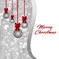 Card with glittering Christmas baubles and red bow, ribbon on silver background Royalty Free Stock Photo