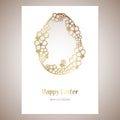 Card with golden openwork Easter egg with flowers and space for text. Laser cutting template.