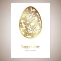 Card with golden openwork Easter egg with leaves and space for text. Laser cutting template.