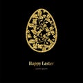 Card with golden openwork Easter egg with leaves and space for text.