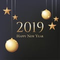 Card with greeting - 2019 Happy New Year. Illustration with gold Christmas balls, light, stars and place for text. Flyer, poster,