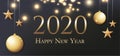 Card with greeting 2020 Happy New Year. Illustration with gold Christmas balls, light, stars and place for text. Flyer, poster, Royalty Free Stock Photo