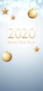 Card with greeting 2020 Happy New Year. Illustration with gold Christmas balls, light, stars and place for text. Flyer, poster, Royalty Free Stock Photo