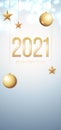 Card with greeting 2021 Happy New Year. Gold Christmas balls, light, stars and place for text. Royalty Free Stock Photo