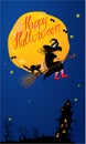 Card of Halloween night: witch and black cat flyin