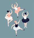 Card with hand drawn ballerinas. Cute dancing girls isolated on blue background. Vector Royalty Free Stock Photo