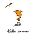 Card with hand drawn dolphin, wave, seagull and hand drawn inscription Summer Royalty Free Stock Photo