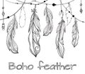Card with hanging hand drawn feathers with boho pattern. Royalty Free Stock Photo