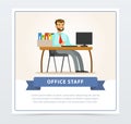 Happy bearded man in formal clothing sitting at the desk with computer and box of folders. Male clerk or businessman Royalty Free Stock Photo