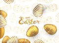 Card happy Easter gold eggs on transparent background.