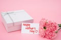 Card of happy mothers day and present box and pink